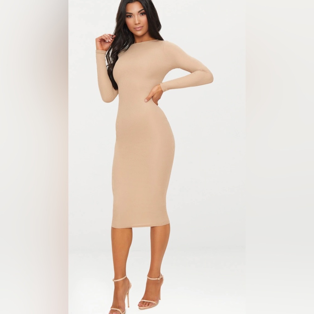 NWT Stone Ribbed Long Sleeve Midi Dress Womens size 8 Pretty Little Thing